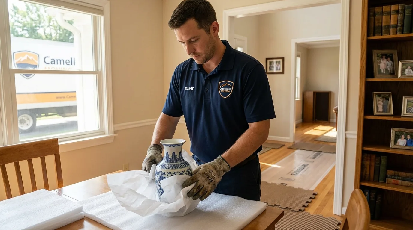 Professional crew carefully wrapping antique vase for senior downsizing move in Port Henry, NY
